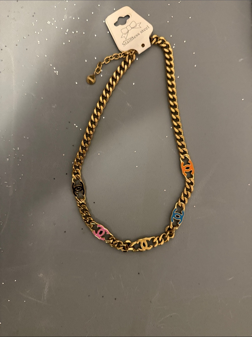 Gold-Tone Chain Necklace with Multicolor Enamel Accents